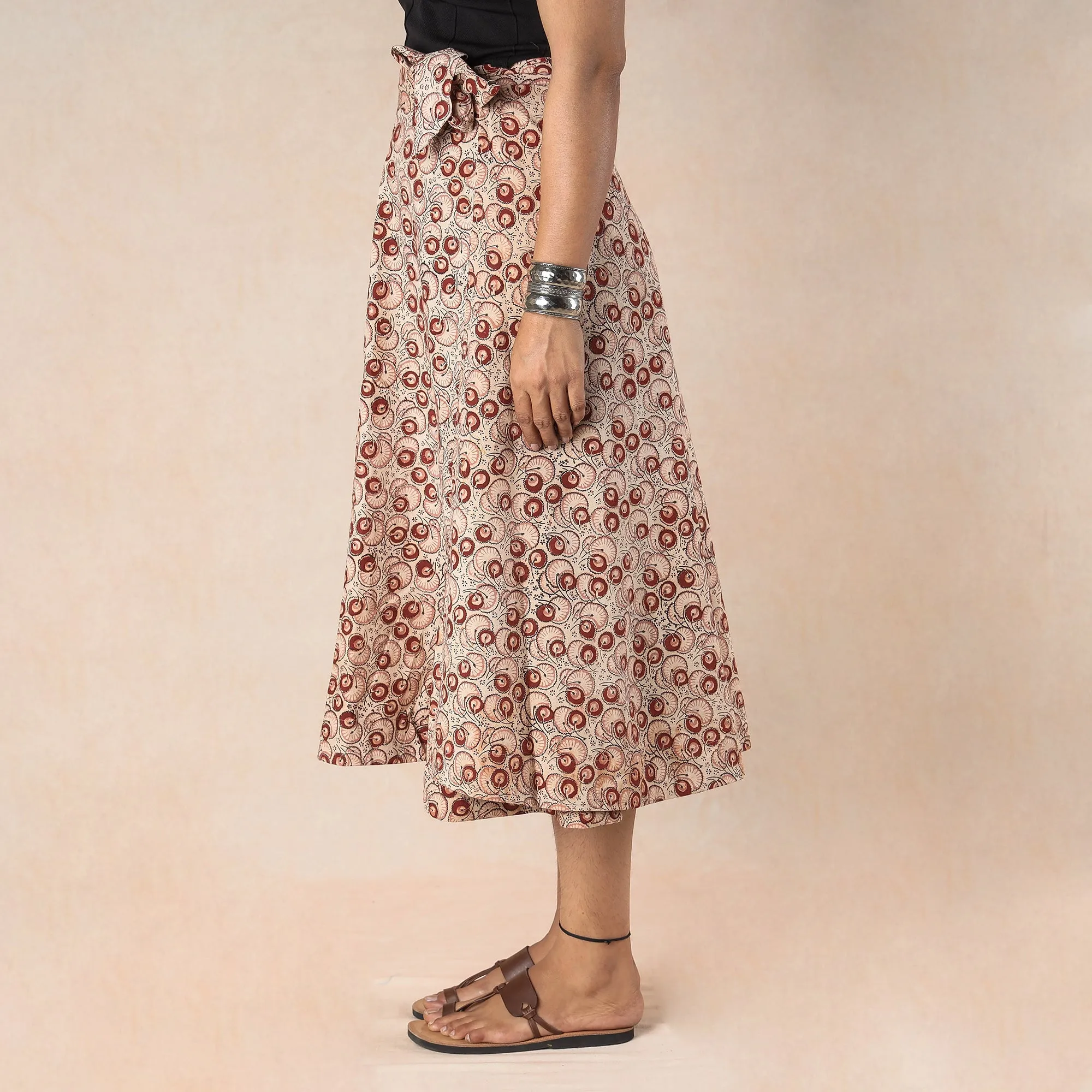 Beige - Kalamkari Block Printed Cotton Wrap Around Skirt