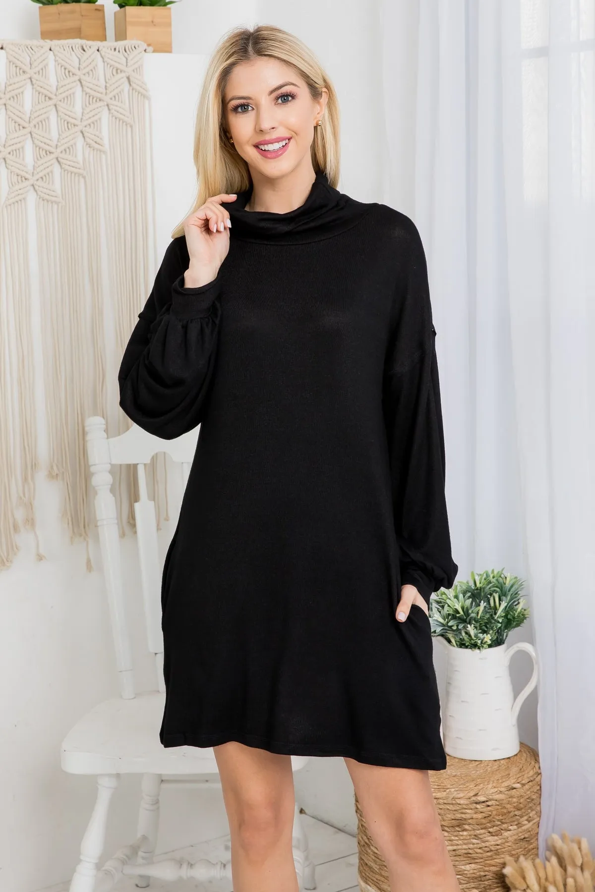 BLACK COWL NECK WITH BOTTOM SIDE POCKET CUFFED LONG SLEEVE BABYDOLL DRESS