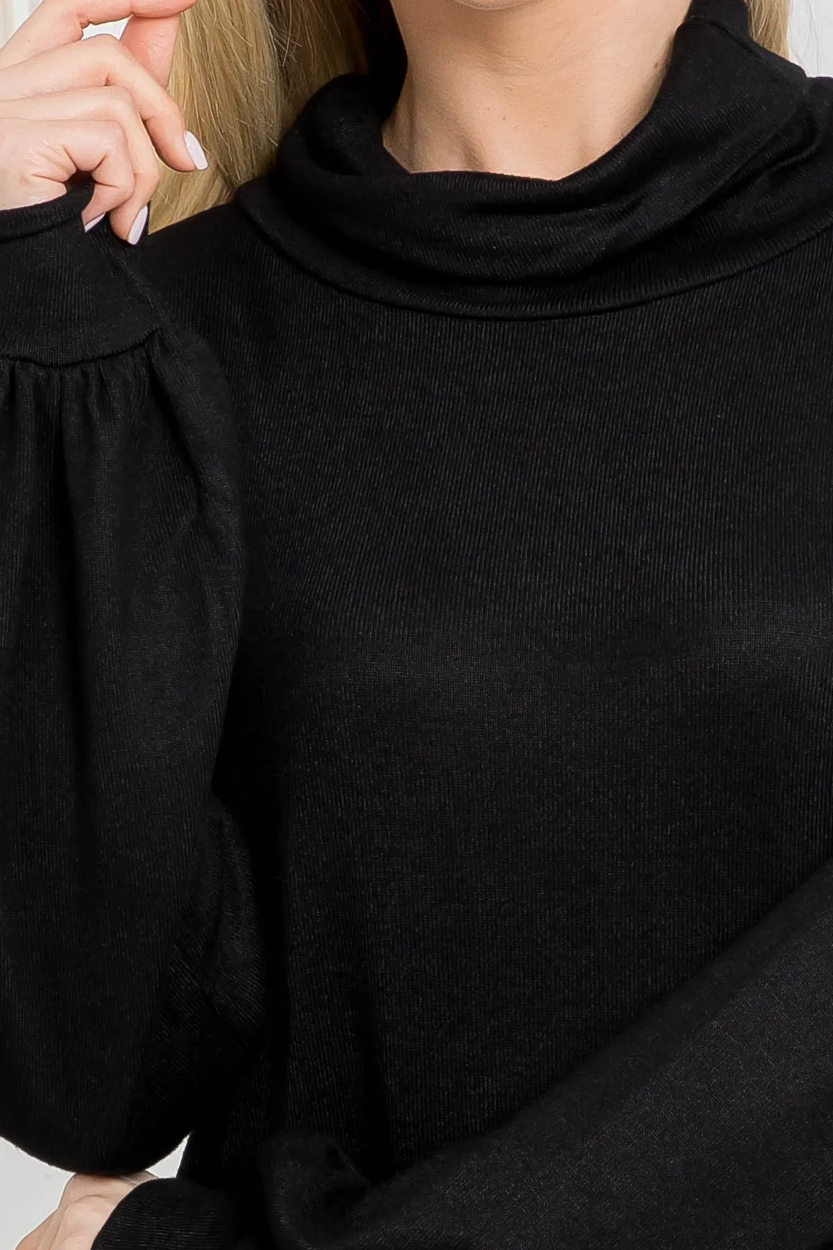 BLACK COWL NECK WITH BOTTOM SIDE POCKET CUFFED LONG SLEEVE BABYDOLL DRESS