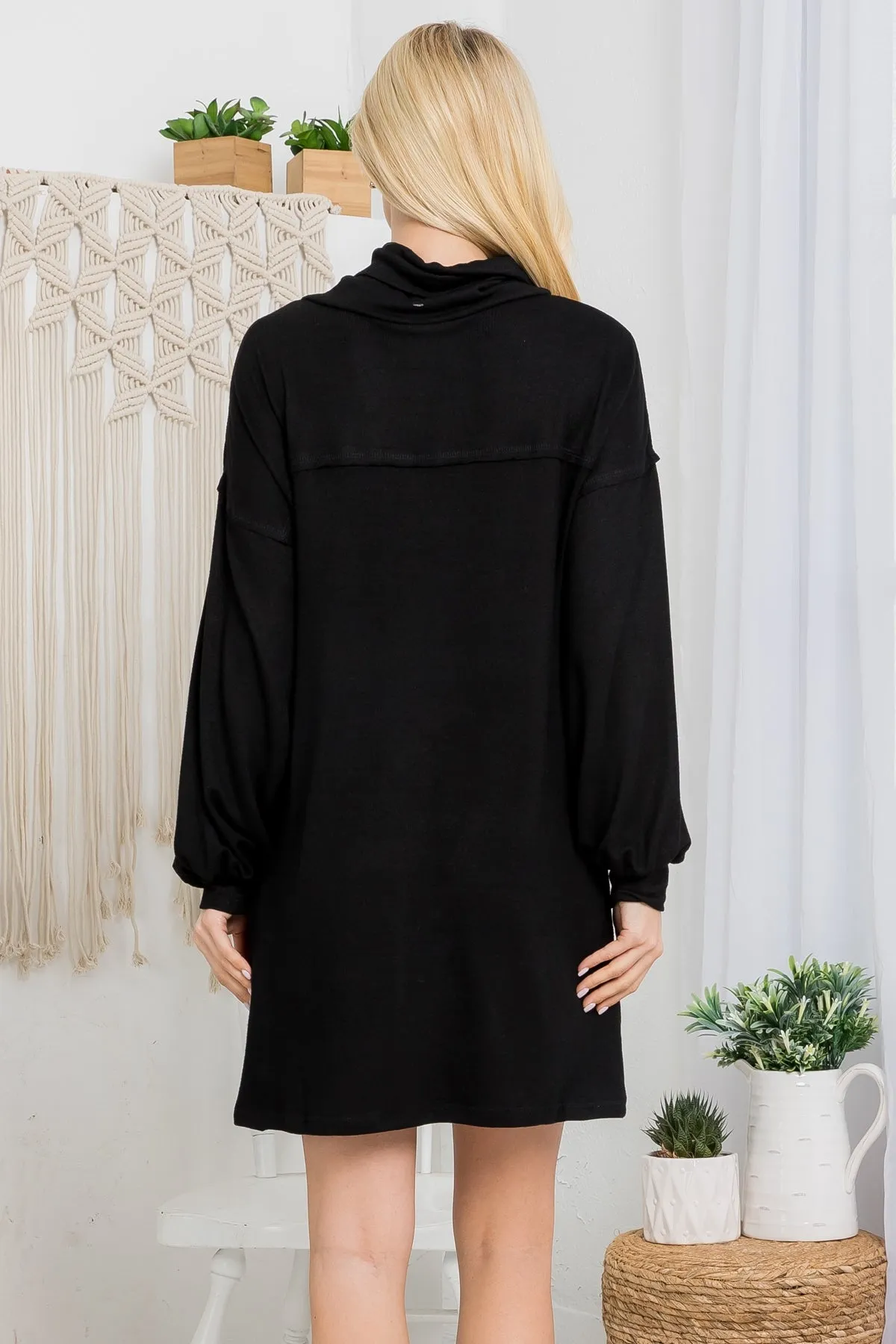 BLACK COWL NECK WITH BOTTOM SIDE POCKET CUFFED LONG SLEEVE BABYDOLL DRESS
