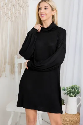 BLACK COWL NECK WITH BOTTOM SIDE POCKET CUFFED LONG SLEEVE BABYDOLL DRESS