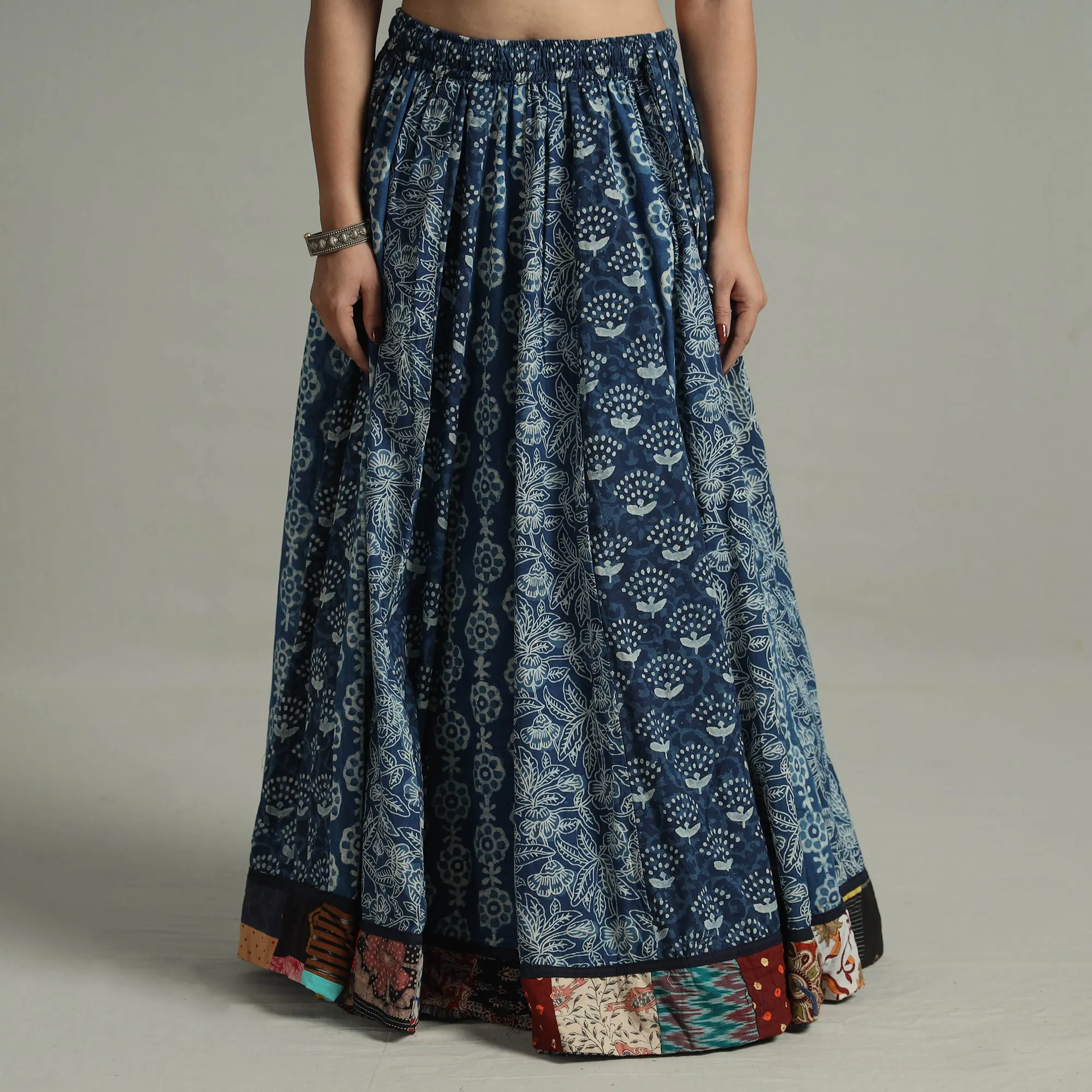 Blue - Indigo Block Printed 24 Kali Patchwork Cotton Long Skirt 02