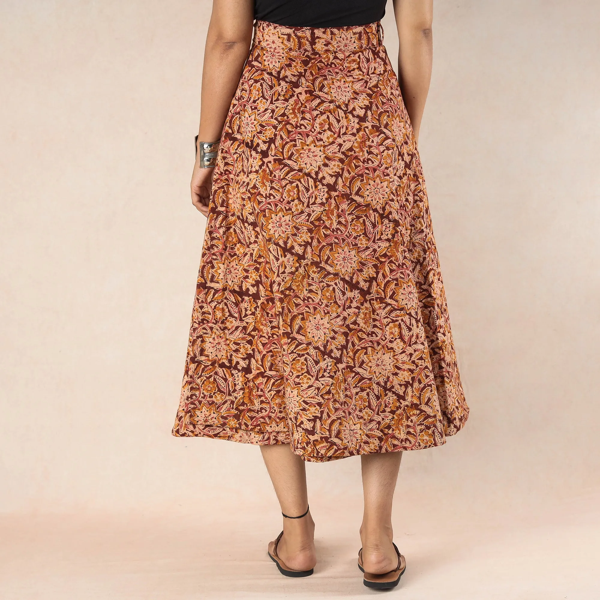 Brown - Kalamkari Block Printed Cotton Wrap Around Skirt