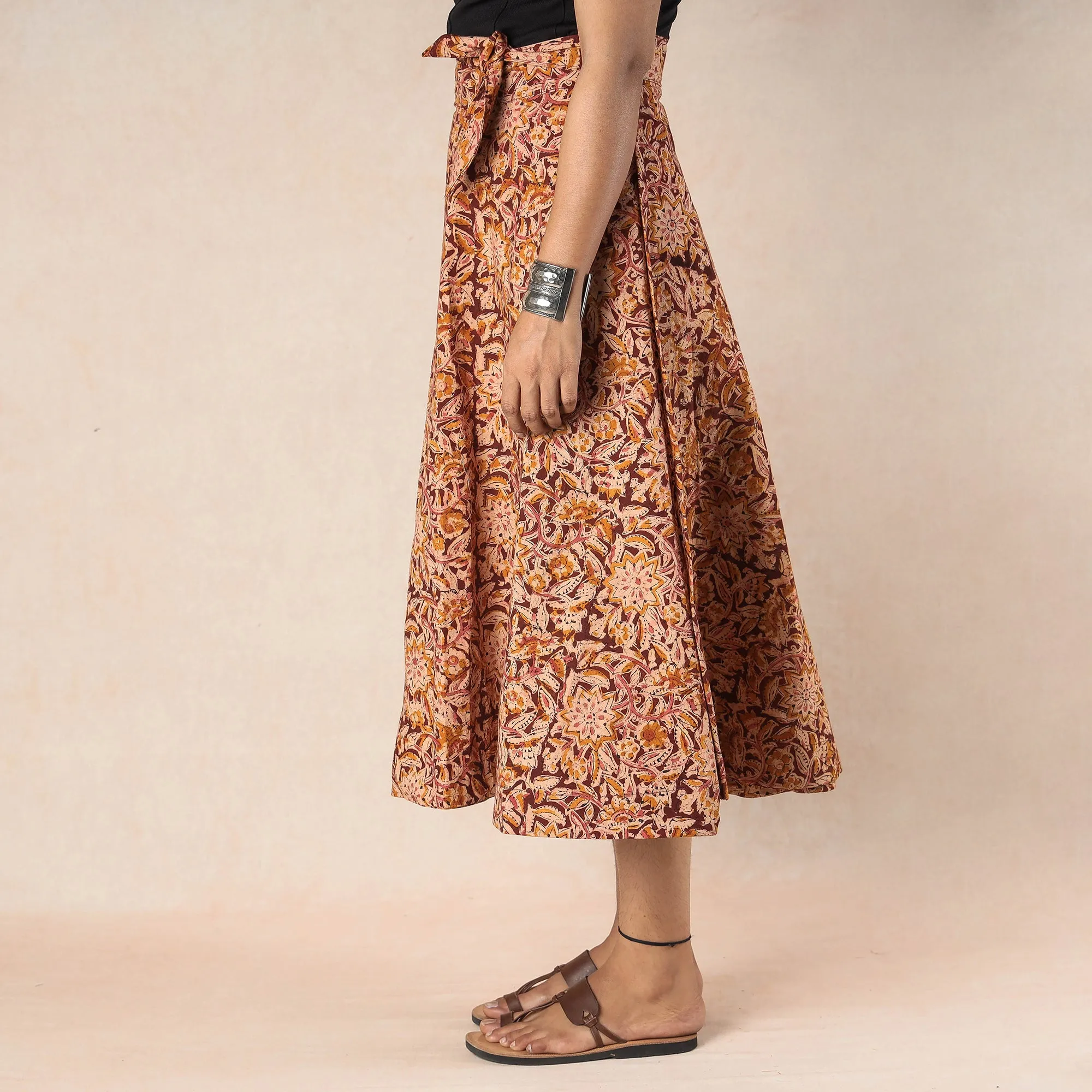 Brown - Kalamkari Block Printed Cotton Wrap Around Skirt