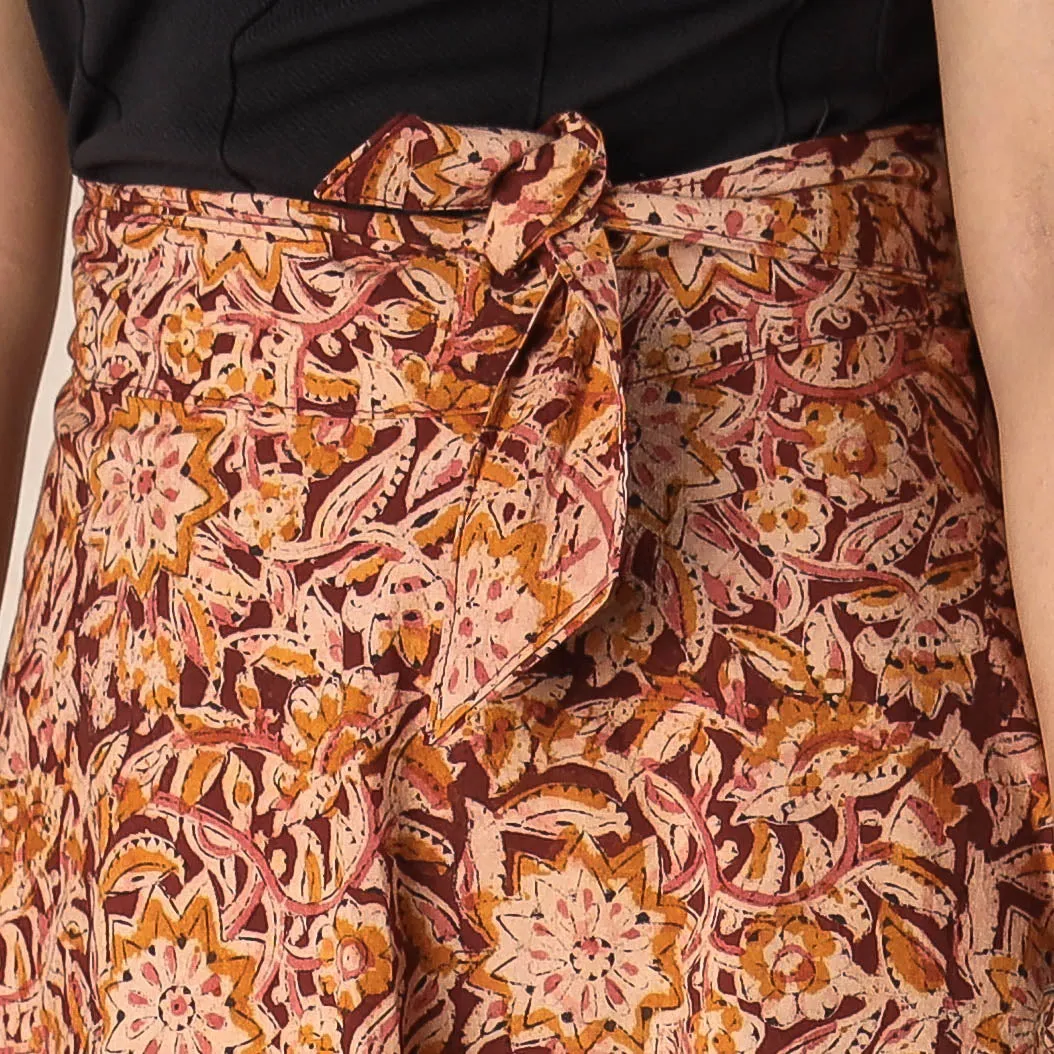 Brown - Kalamkari Block Printed Cotton Wrap Around Skirt