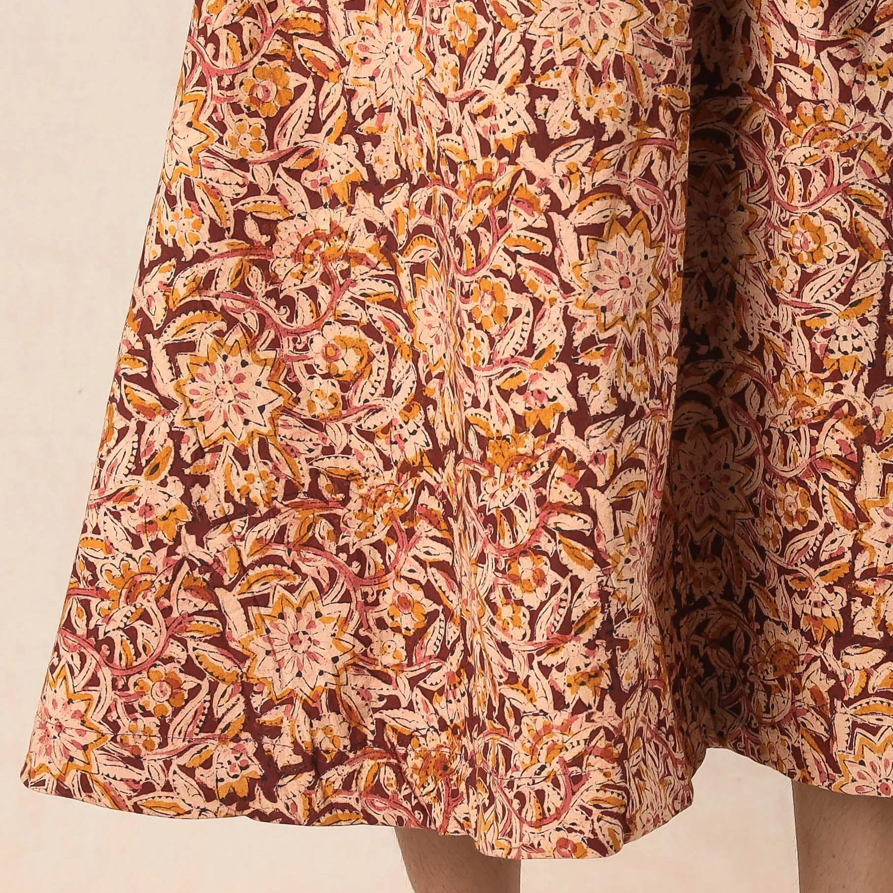 Brown - Kalamkari Block Printed Cotton Wrap Around Skirt