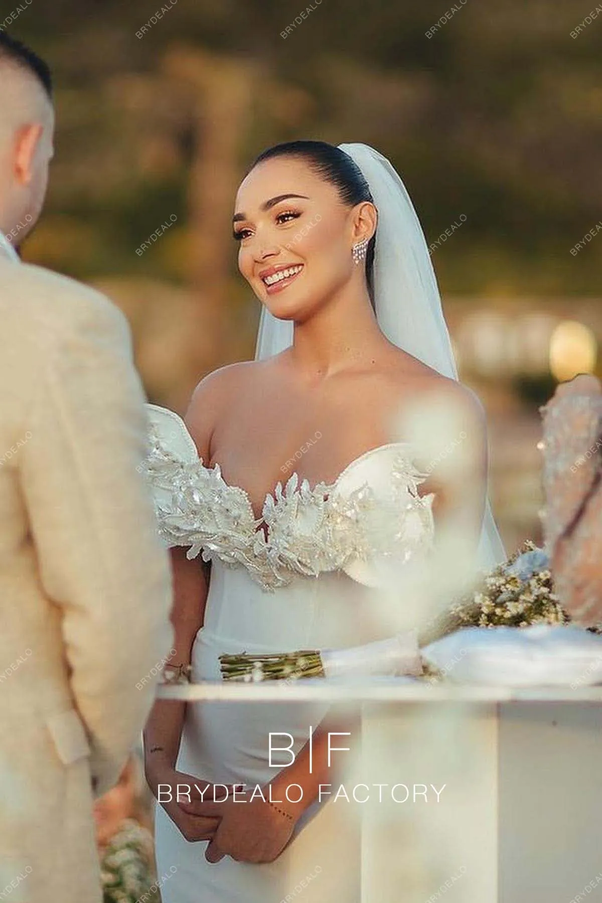 Designed Strapless Satin Mermaid Chapel Train Beach Bridal Dress