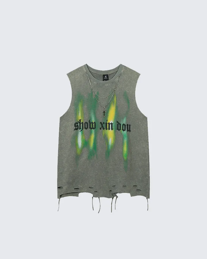 Distressed Glow-in-the-Dark Print Tank Top