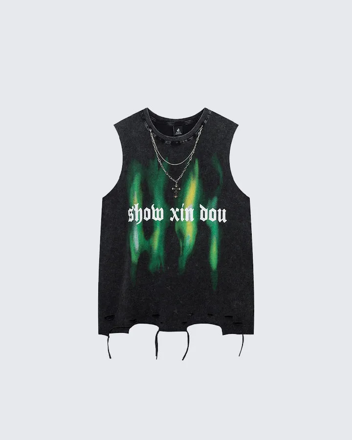 Distressed Glow-in-the-Dark Print Tank Top