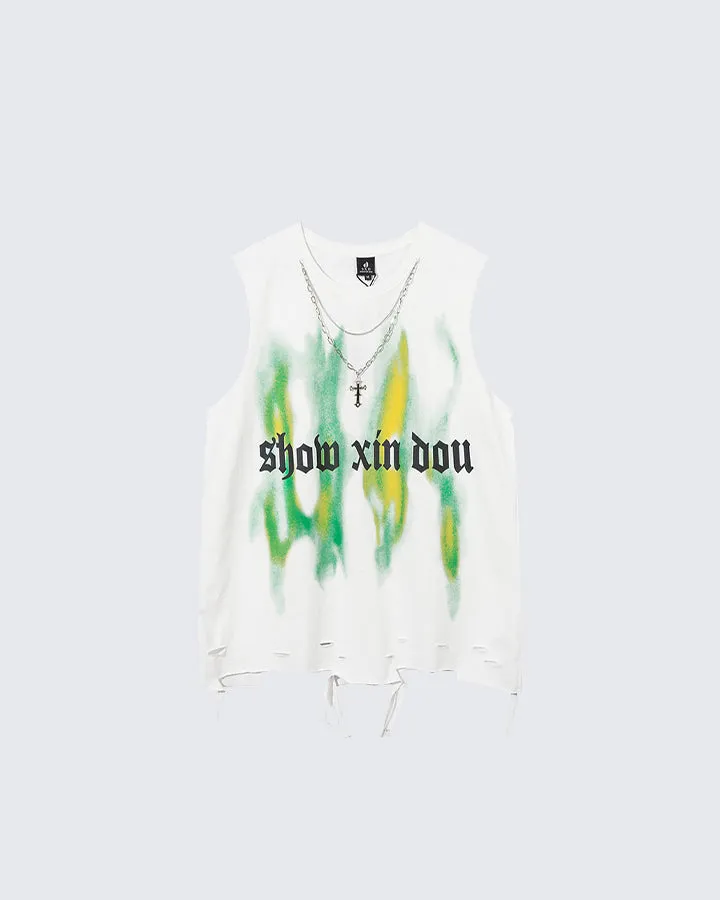 Distressed Glow-in-the-Dark Print Tank Top