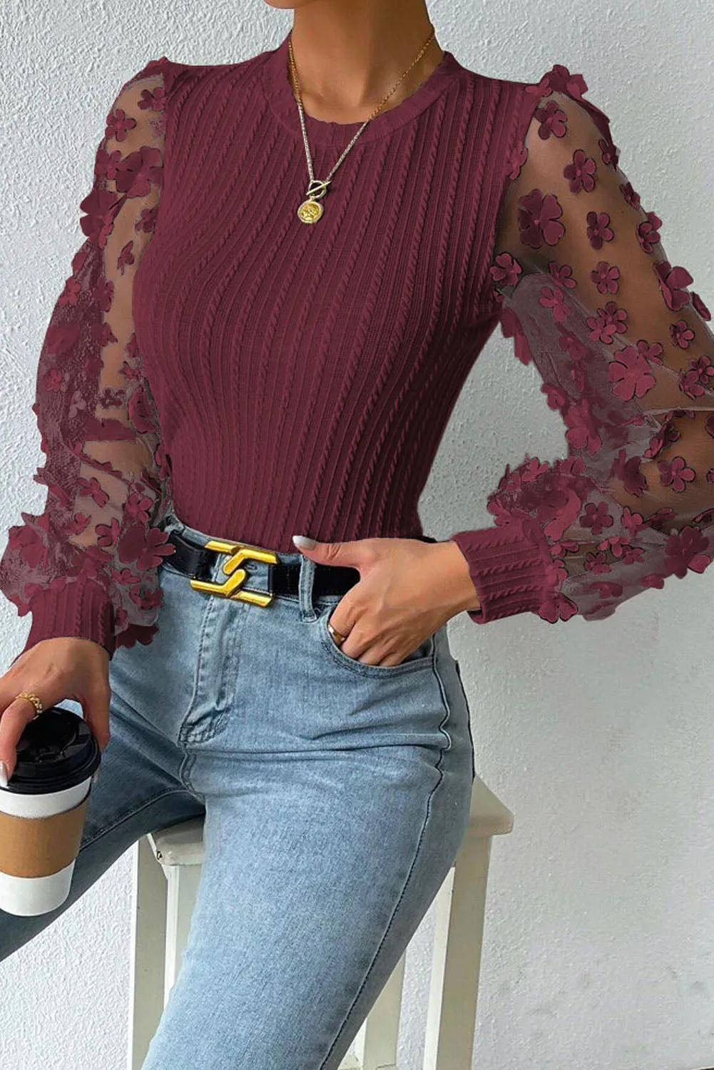 Double Take Textured Floral Applique Long Sleeve Blouse