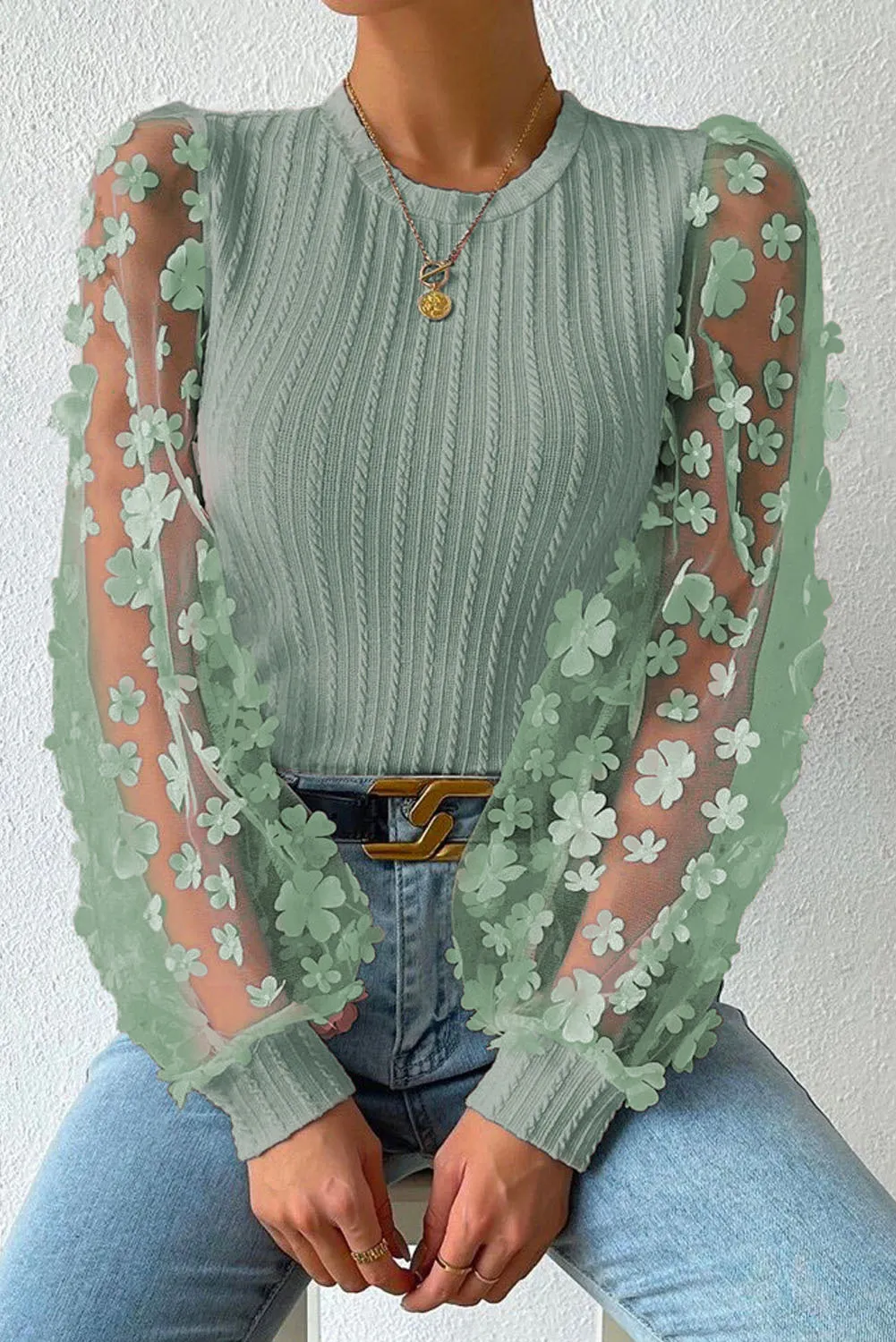 Double Take Textured Floral Applique Long Sleeve Blouse