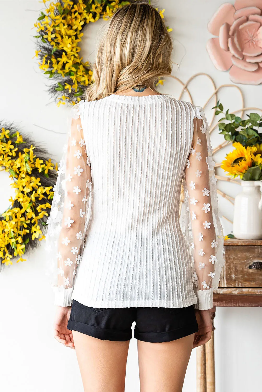 Double Take Textured Floral Applique Long Sleeve Blouse