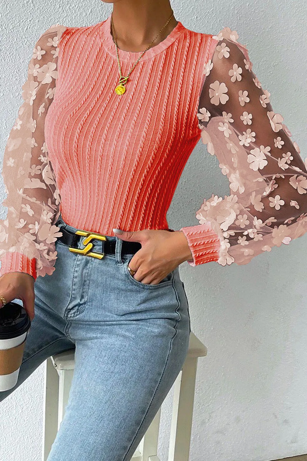 Double Take Textured Floral Applique Long Sleeve Blouse