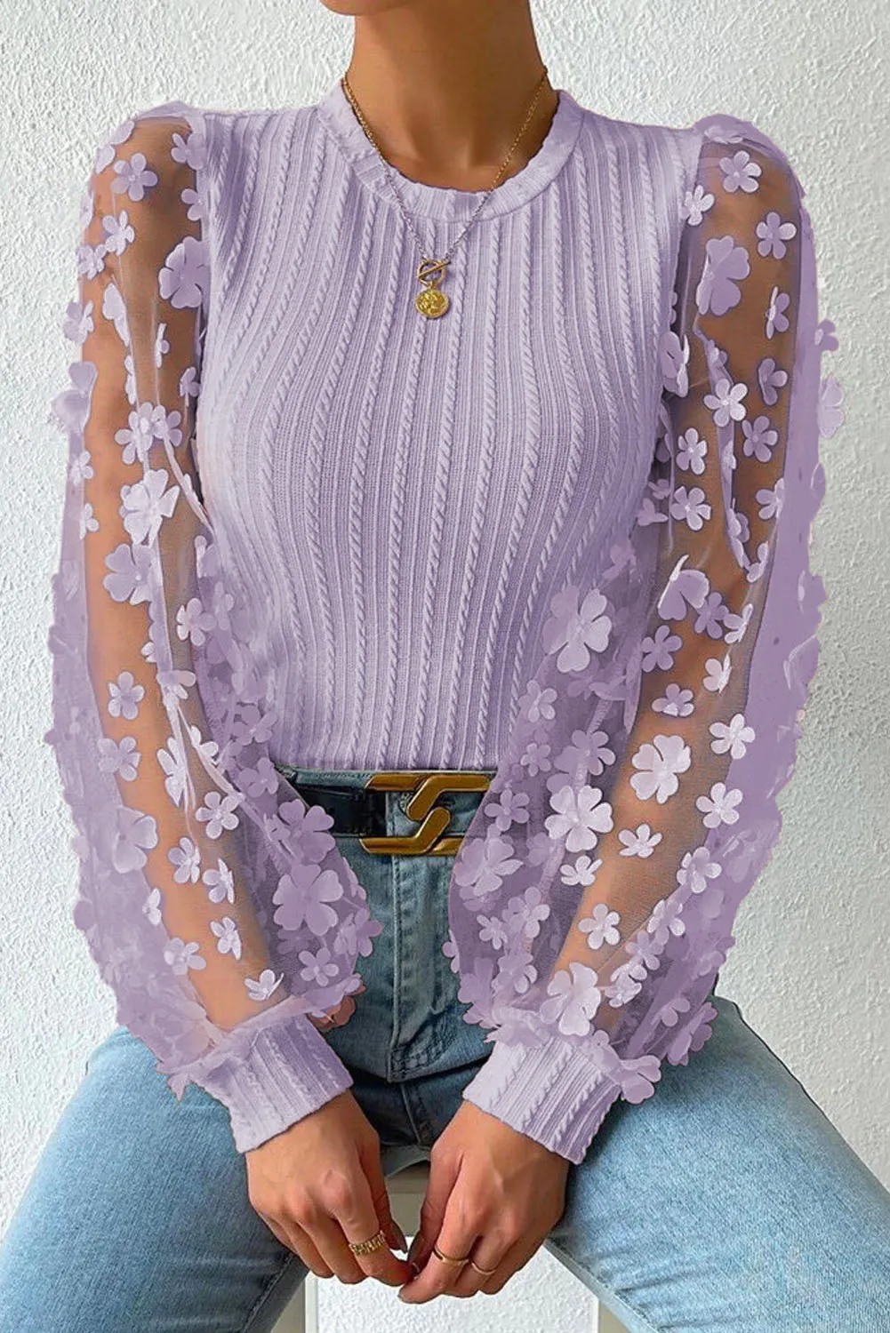 Double Take Textured Floral Applique Long Sleeve Blouse