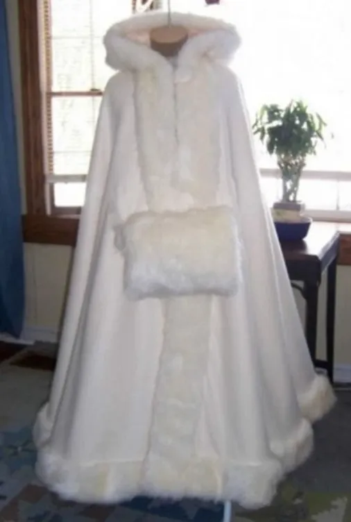 Faux Fur Bridal Wedding Cloak Hooded Coat Jacket Muff Hand Warmer