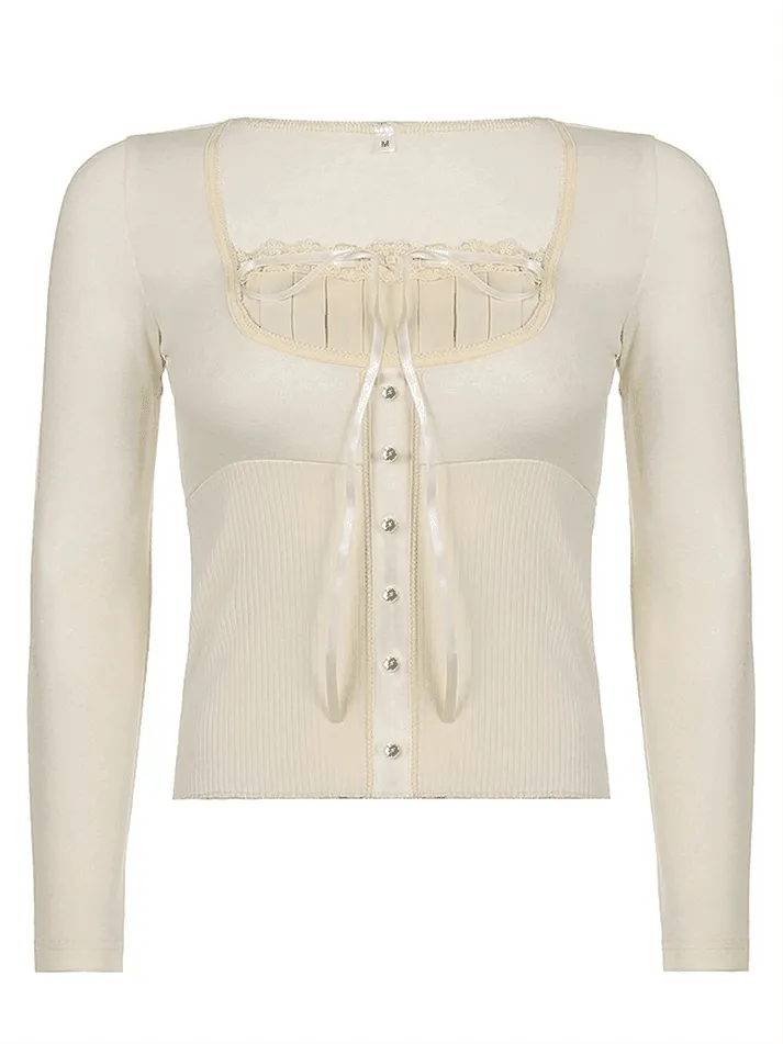 Fleece Bow-Neck Ribbed Lace Blouse