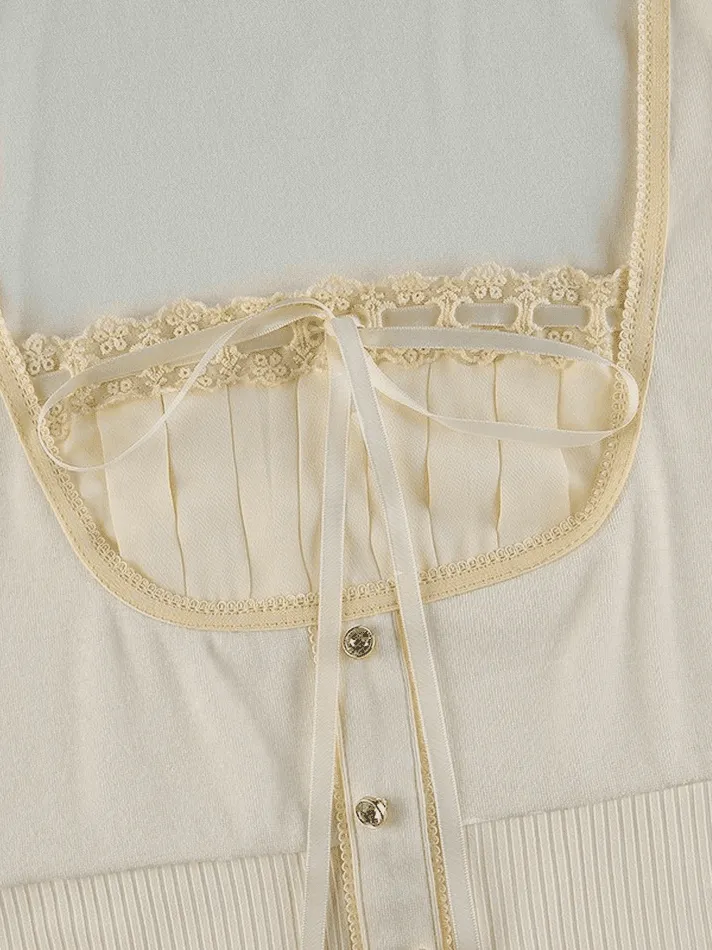Fleece Bow-Neck Ribbed Lace Blouse