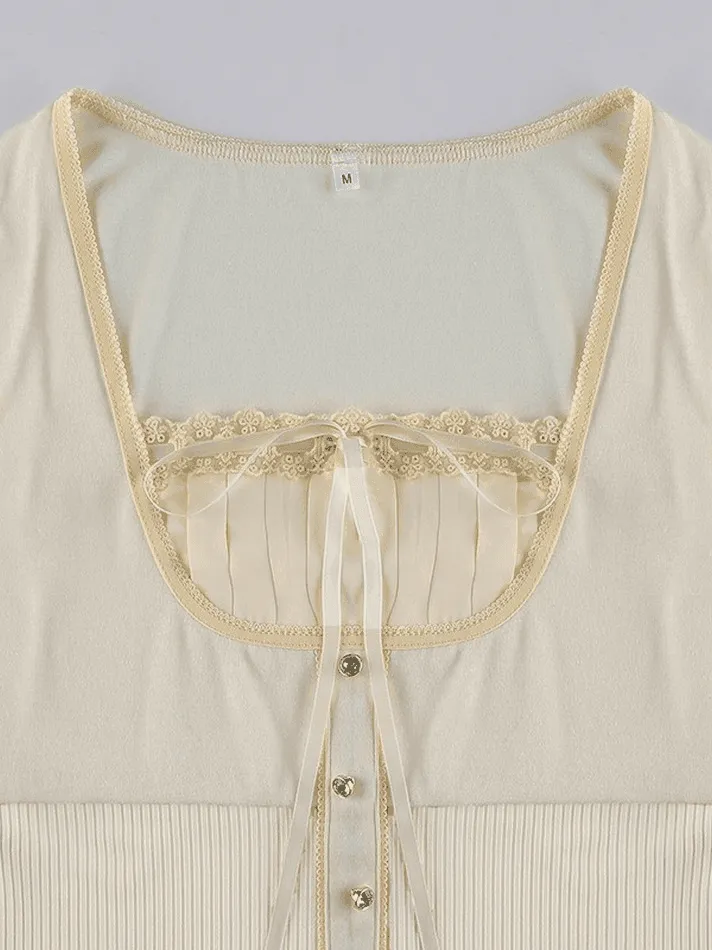 Fleece Bow-Neck Ribbed Lace Blouse