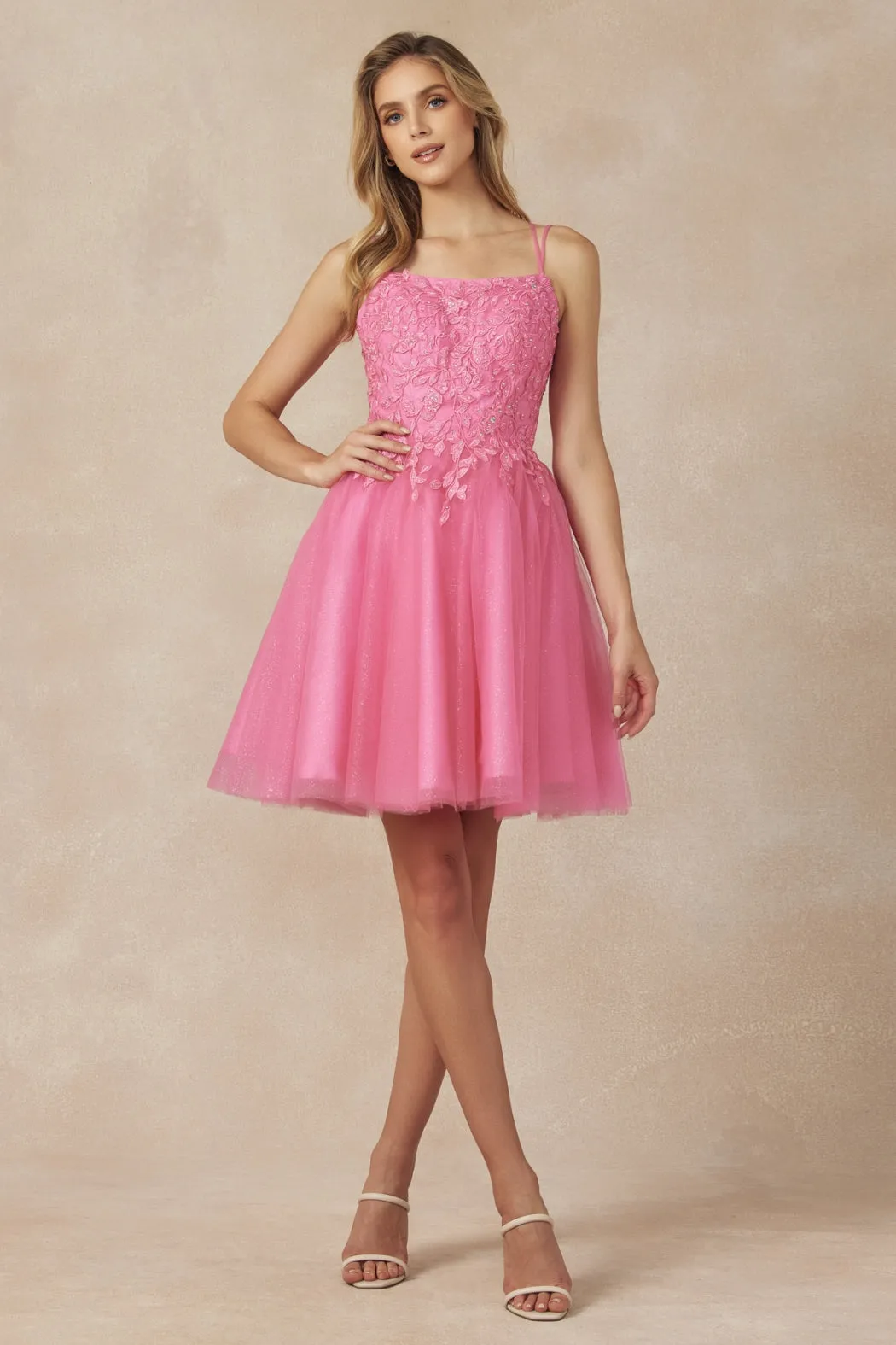 Floral Applique Embellished Stones Babydoll Short Homecoming Dress