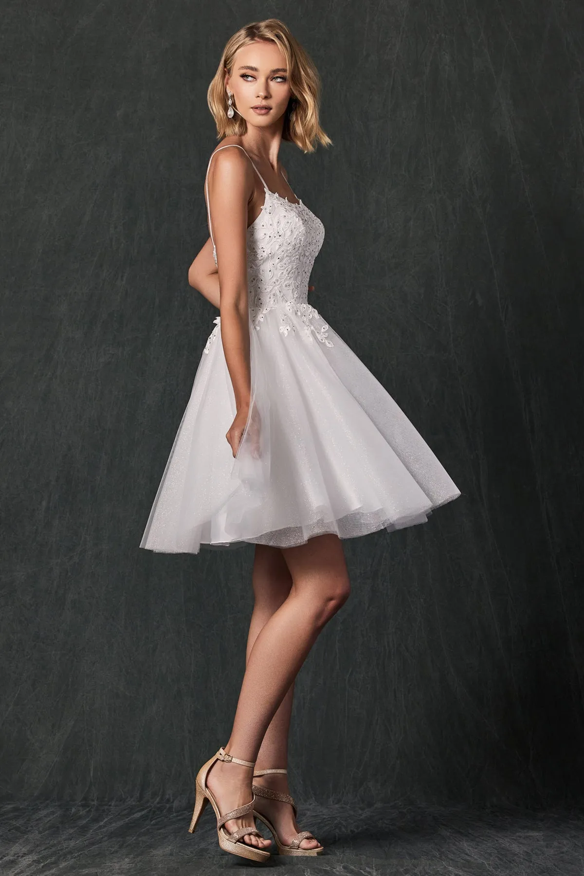 Floral Applique Embellished Stones Babydoll Short Homecoming Dress