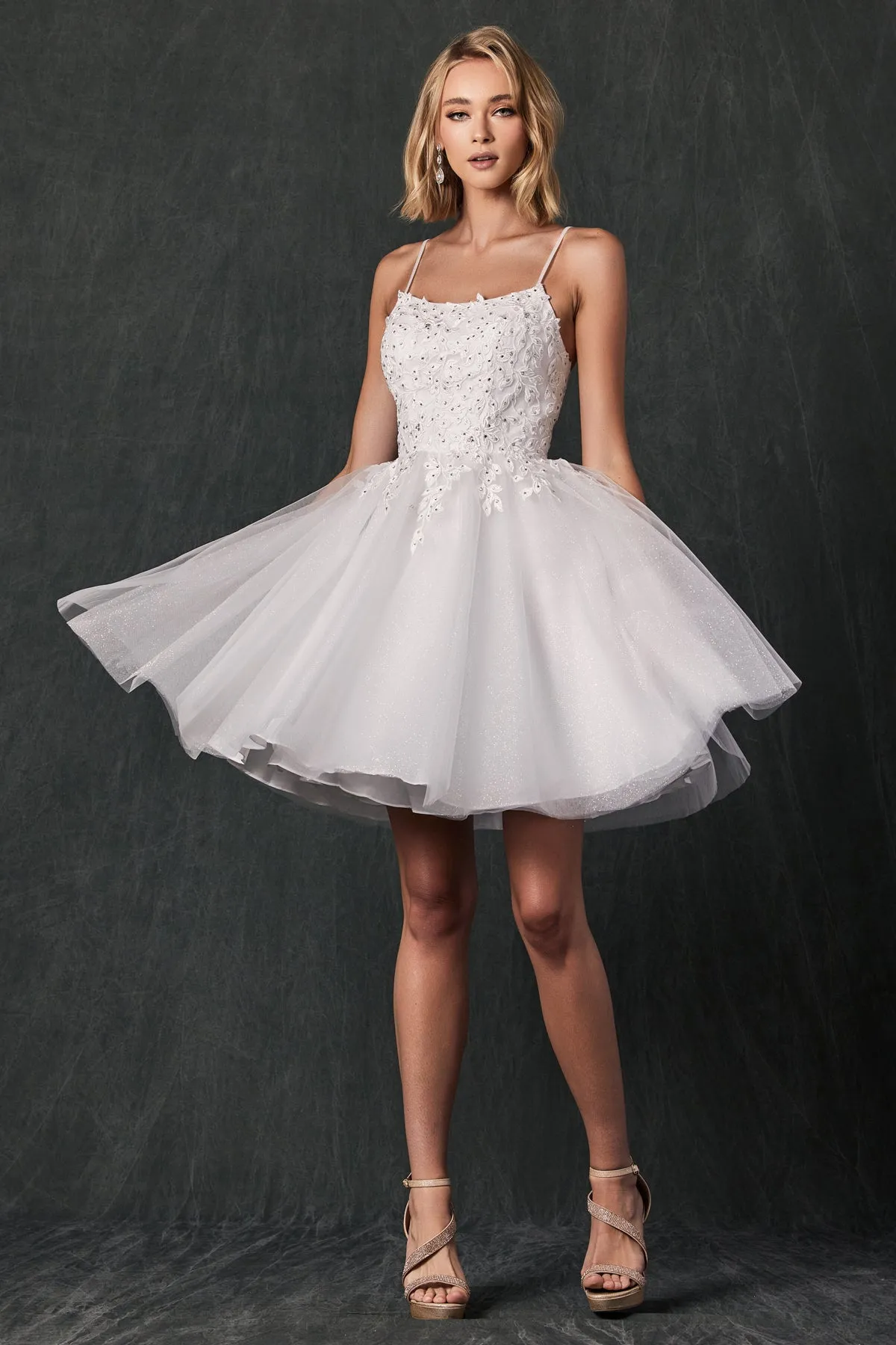 Floral Applique Embellished Stones Babydoll Short Homecoming Dress