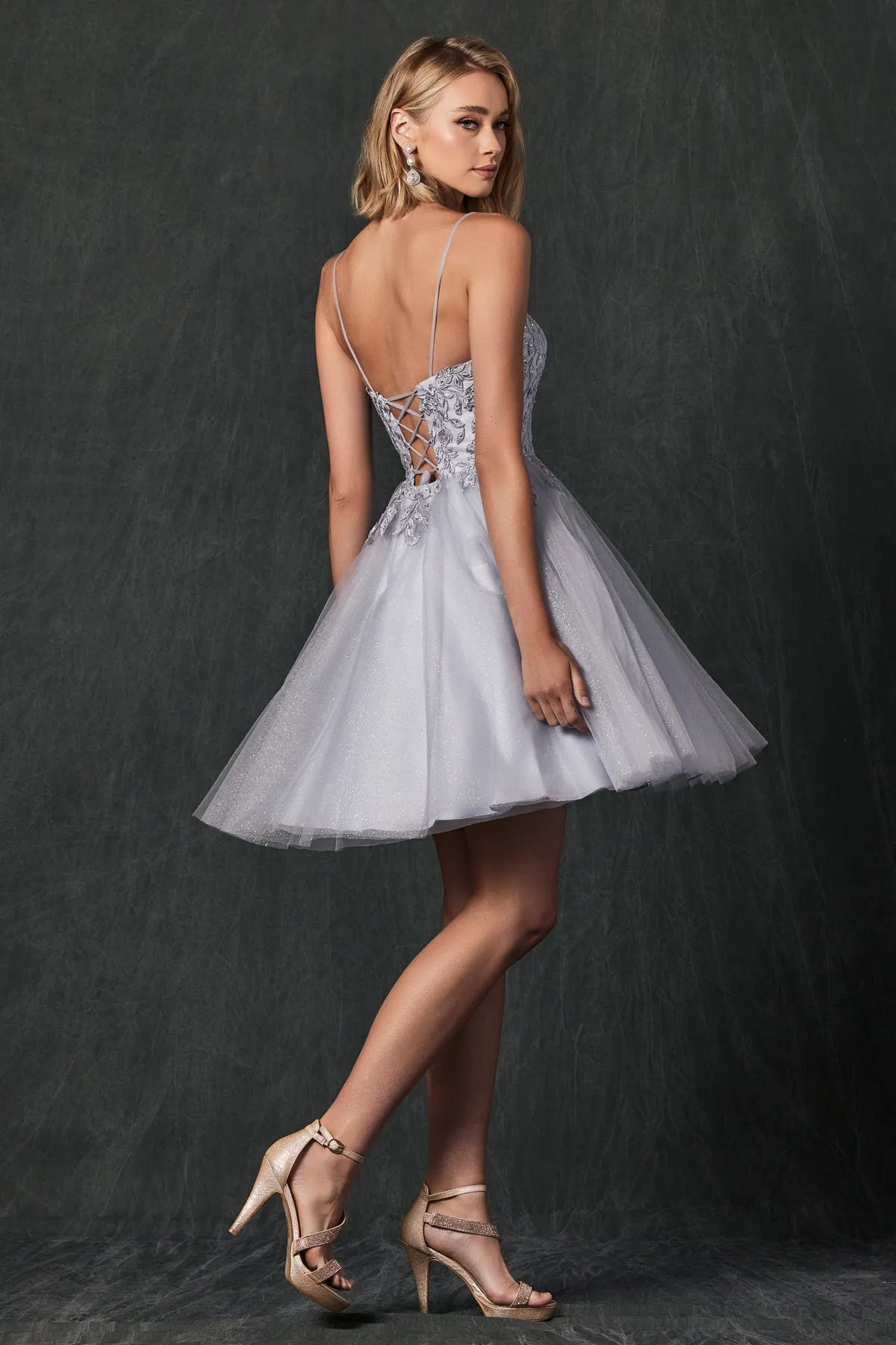 Floral Applique Embellished Stones Babydoll Short Homecoming Dress