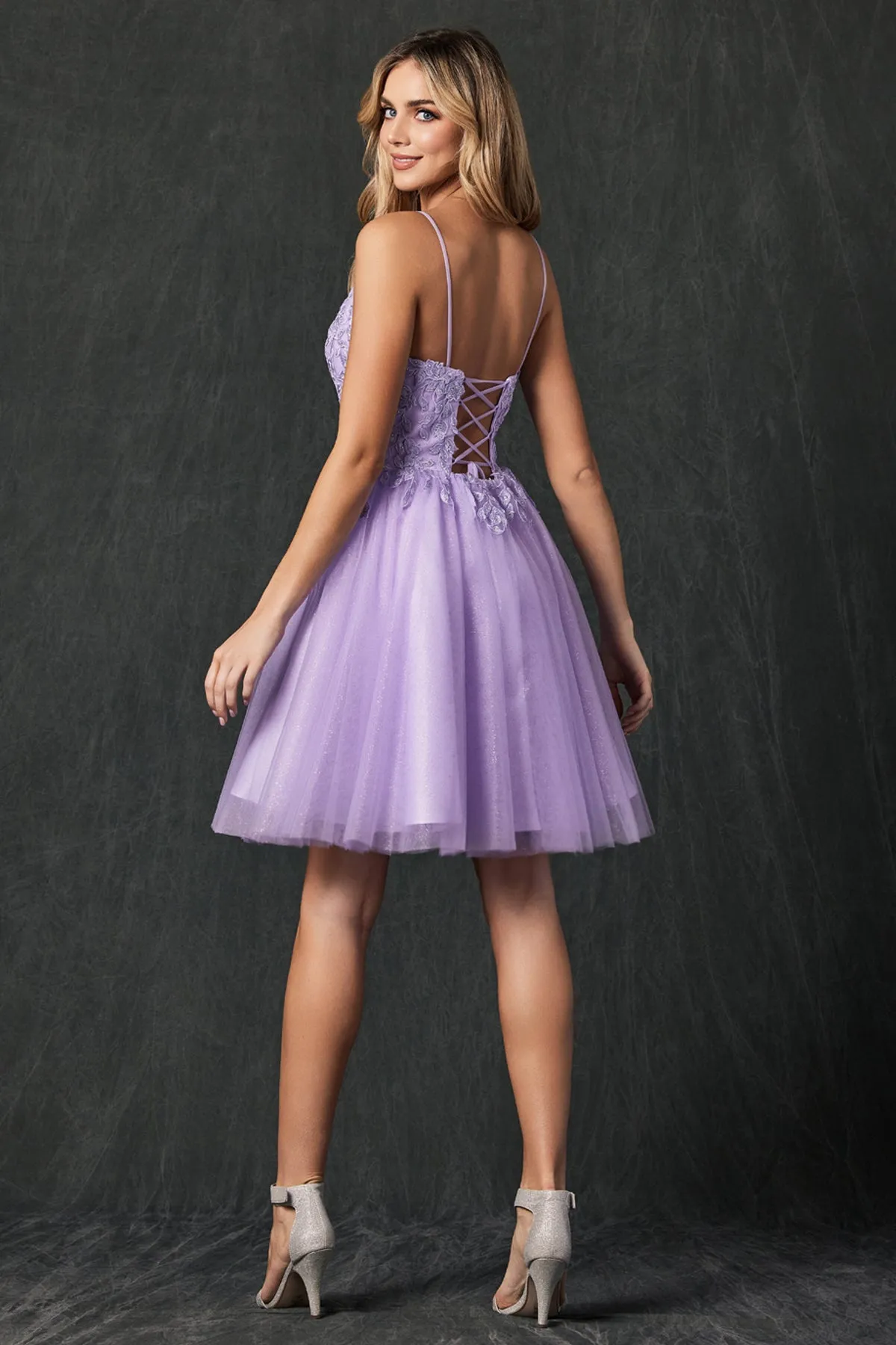 Floral Applique Embellished Stones Babydoll Short Homecoming Dress