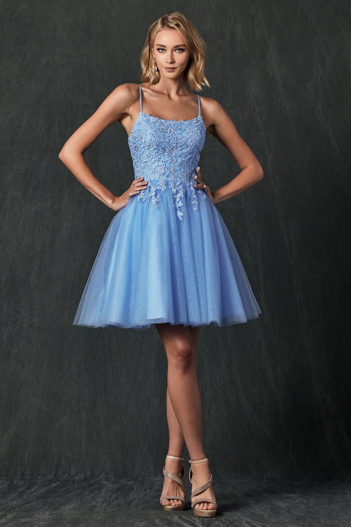 Floral Applique Embellished Stones Babydoll Short Homecoming Dress