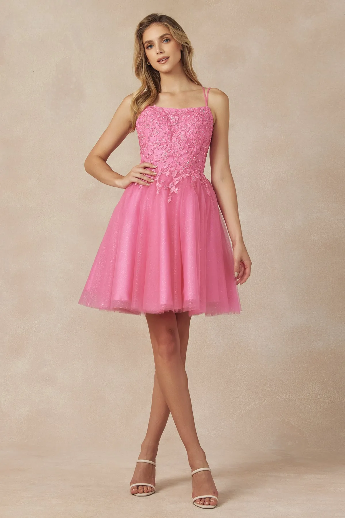 Floral Applique Embellished Stones Babydoll Short Homecoming Dress
