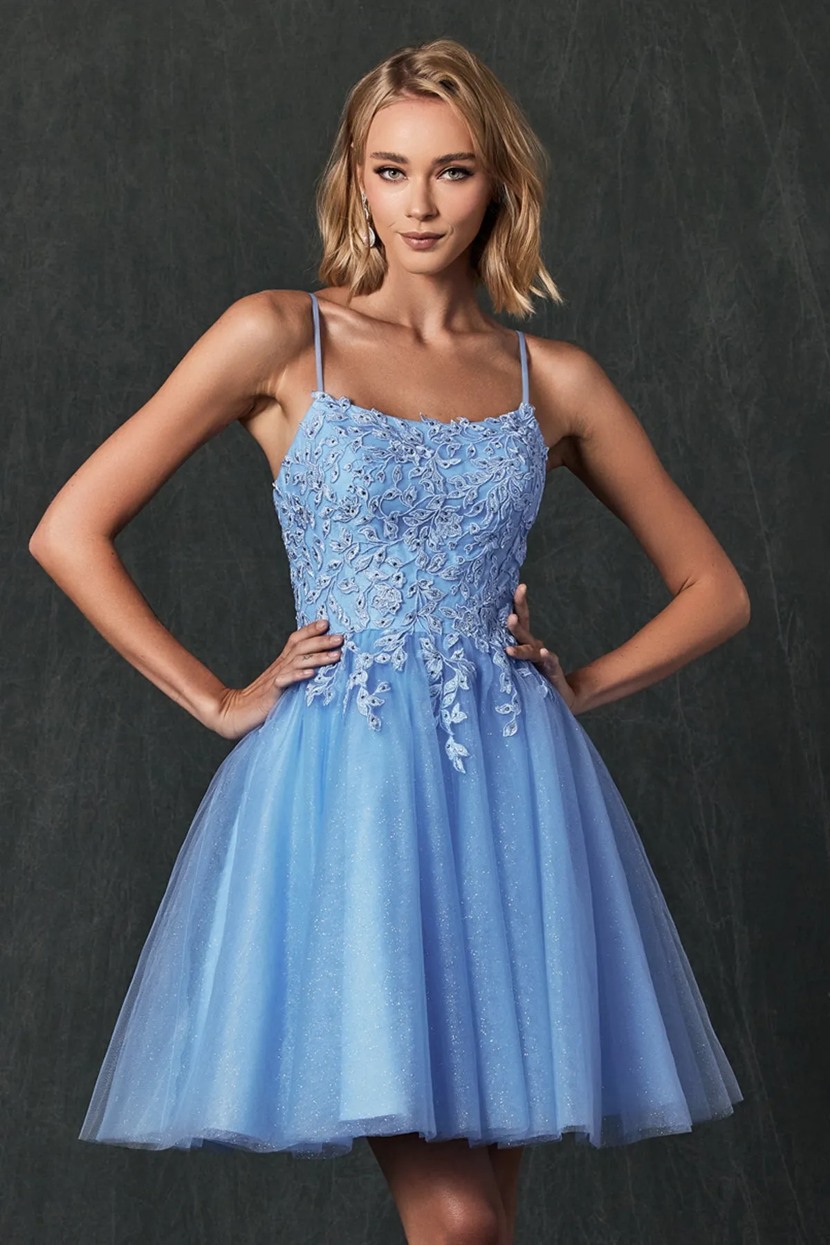 Floral Applique Embellished Stones Babydoll Short Homecoming Dress