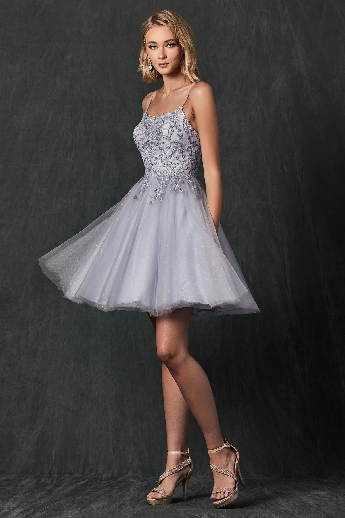 Floral Applique Embellished Stones Babydoll Short Homecoming Dress