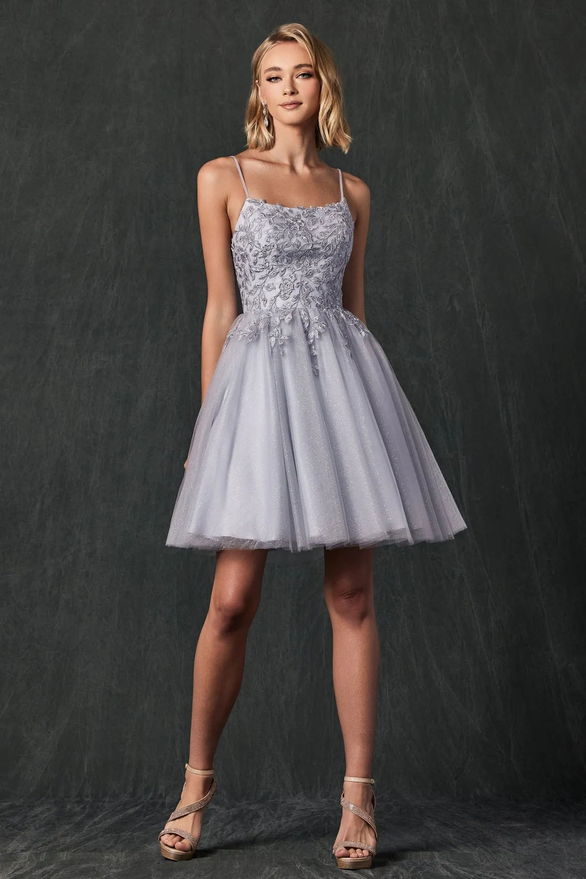 Floral Applique Embellished Stones Babydoll Short Homecoming Dress