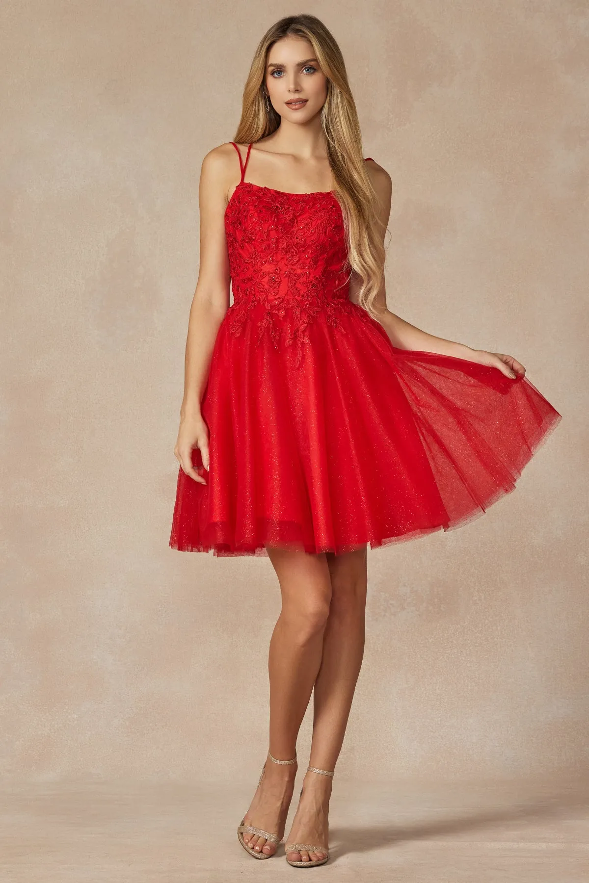 Floral Applique Embellished Stones Babydoll Short Homecoming Dress