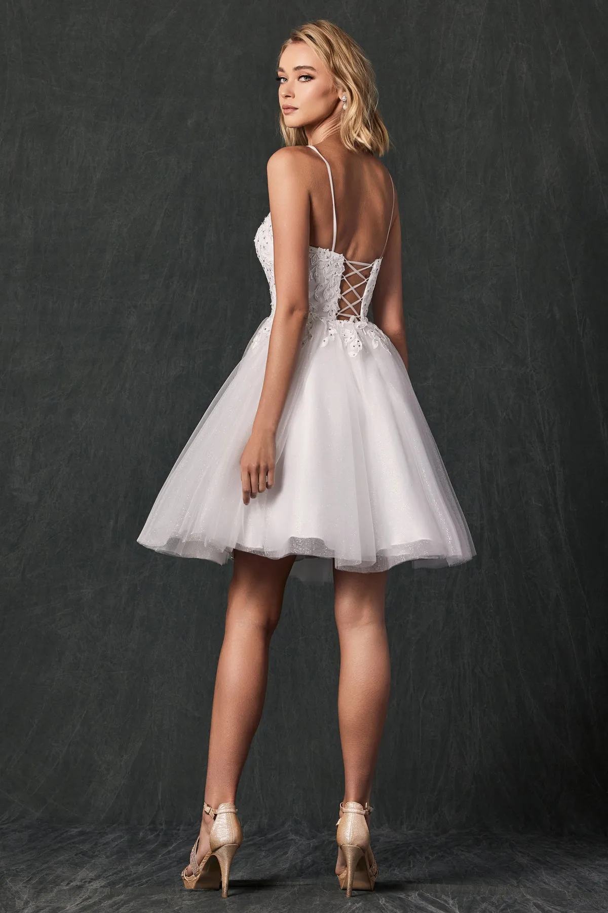 Floral Applique Embellished Stones Babydoll Short Homecoming Dress