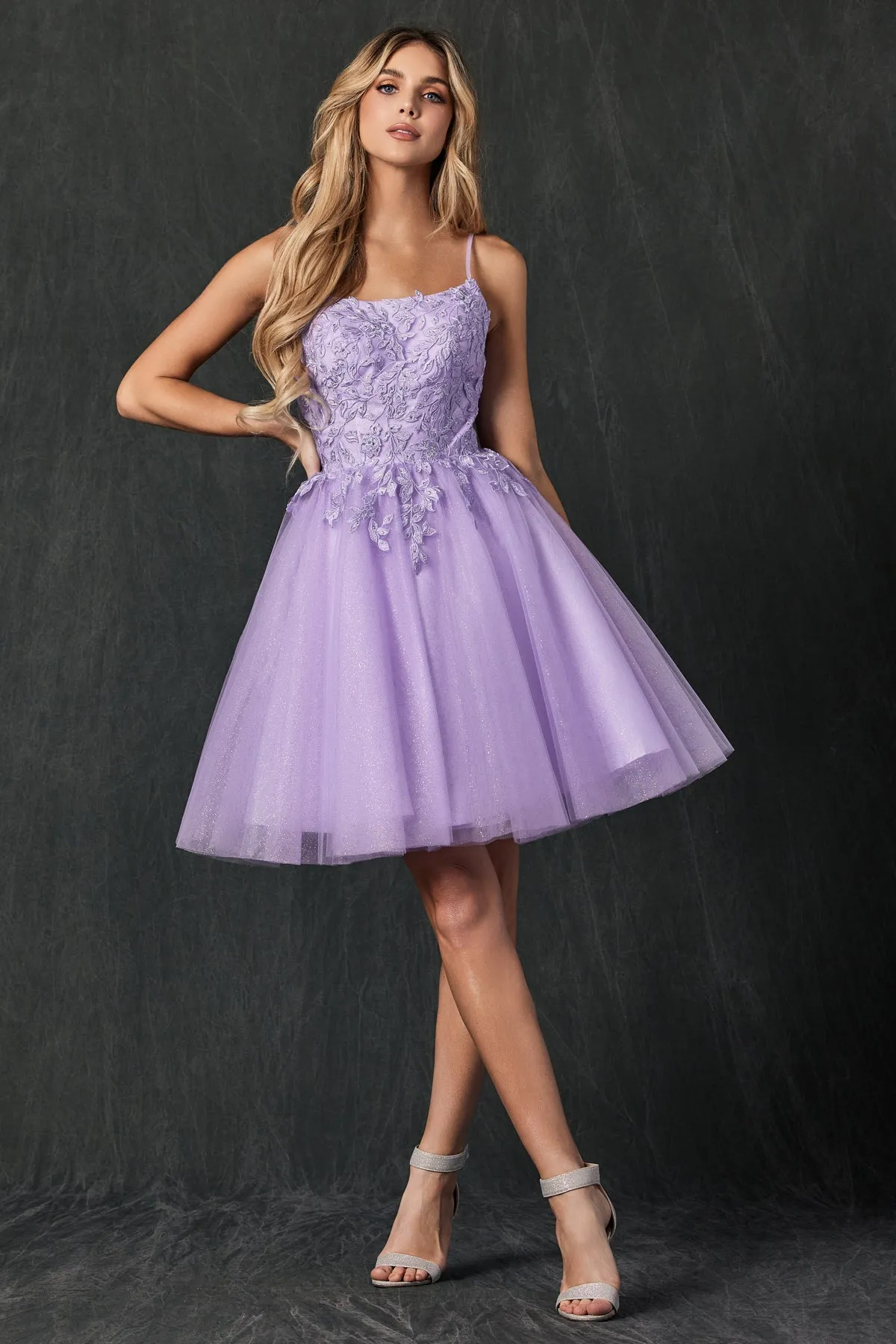 Floral Applique Embellished Stones Babydoll Short Homecoming Dress