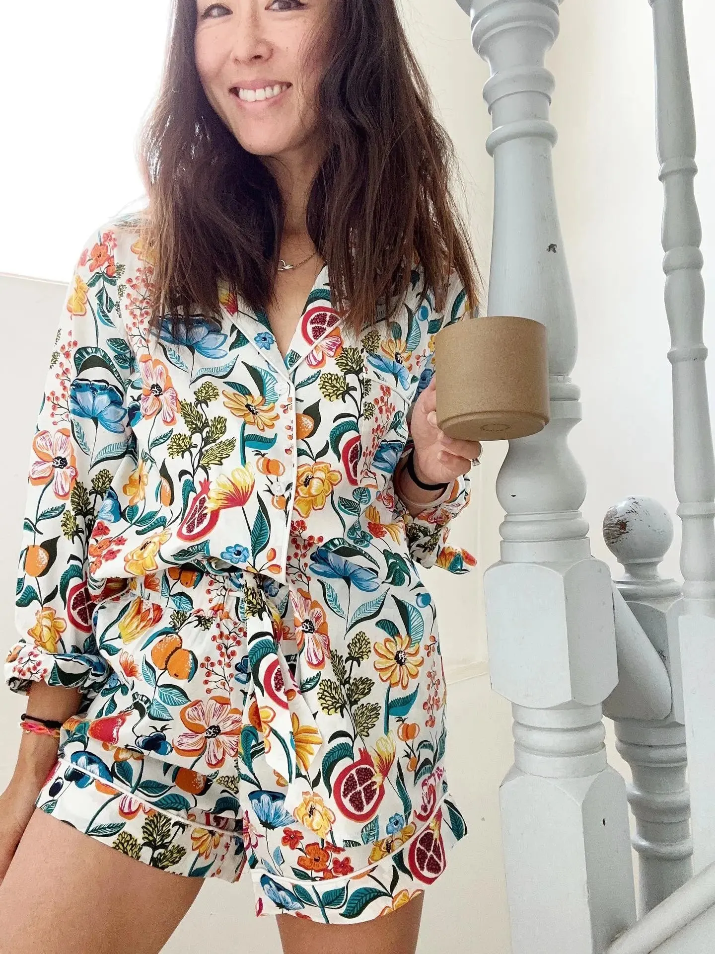 Floral on White Women's Long Sleeve Organic Cotton Pyjama Short Set