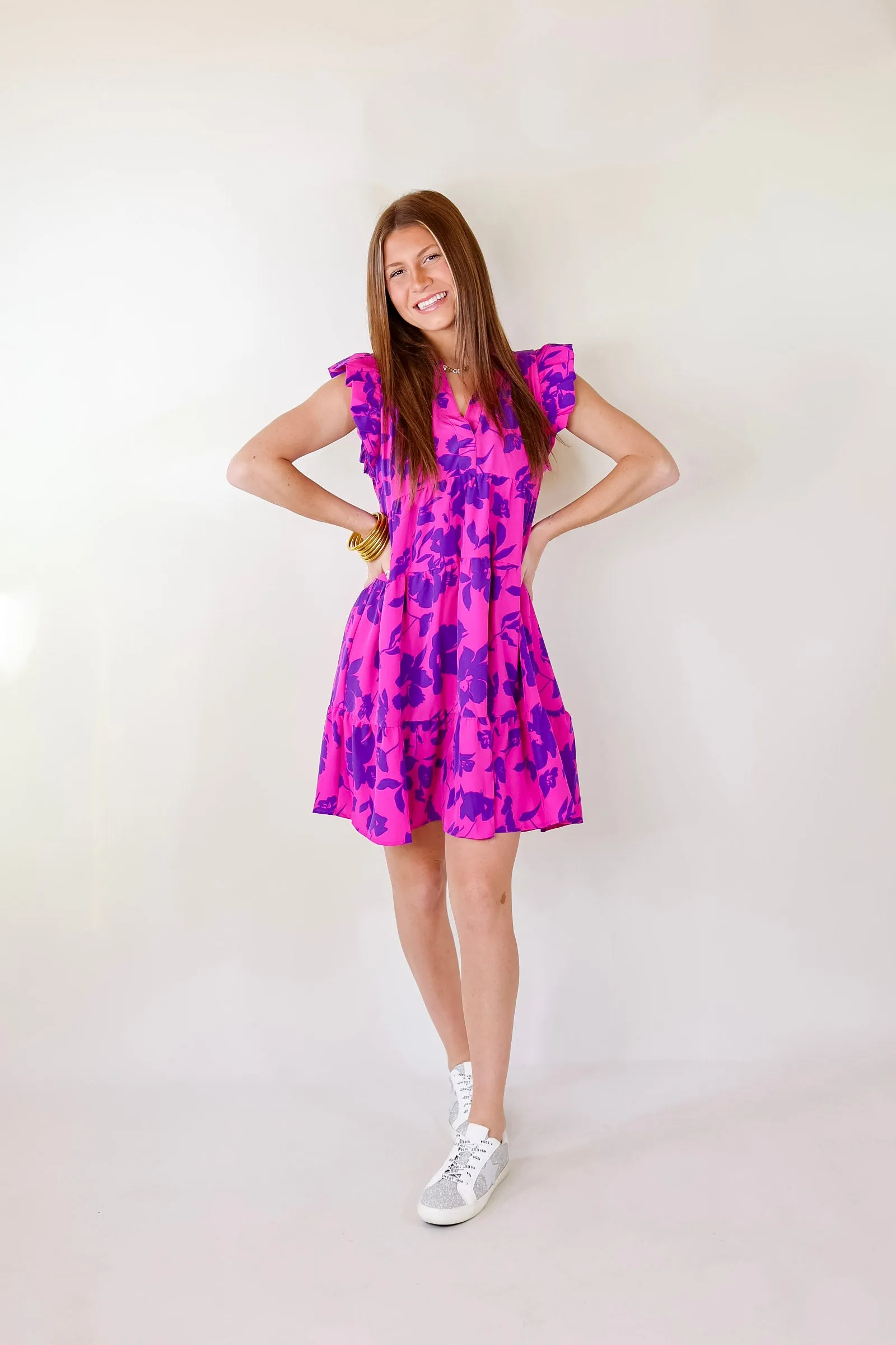 Last Chance Size Small & Large | All Of A Sudden Ruffle Cap Sleeve Floral Short Dress in Magenta Mix
