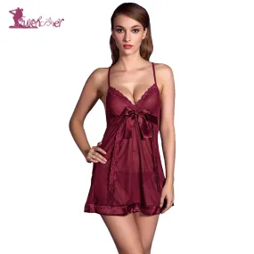 Lurehooker 2017 Plus Size Sexy Lingerie Red Perspective Lace Gauze Sleep Sling Dress Deep V-Neck Bow Erotic Underwear Pajamas
