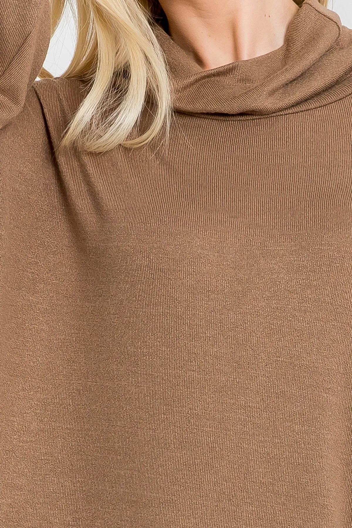 MOCHA COWL NECK WITH BOTTOM SIDE POCKET CUFFED LONG SLEEVE BABYDOLL DRESS