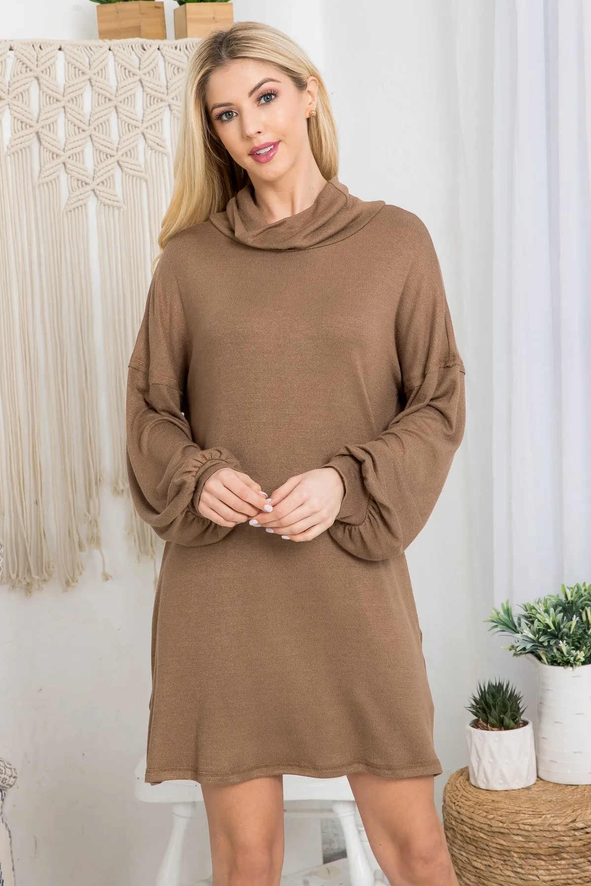 MOCHA COWL NECK WITH BOTTOM SIDE POCKET CUFFED LONG SLEEVE BABYDOLL DRESS