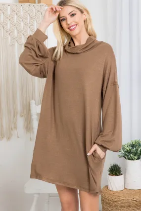 MOCHA COWL NECK WITH BOTTOM SIDE POCKET CUFFED LONG SLEEVE BABYDOLL DRESS