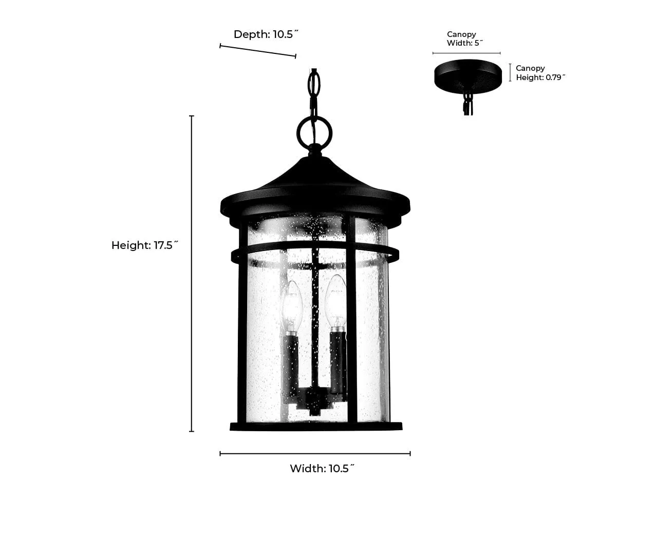 Namath Outdoor Hanging Lantern - Textured Black - Clear Seeded Glass - 10.5in. Diameter - E12 Candelabra Base