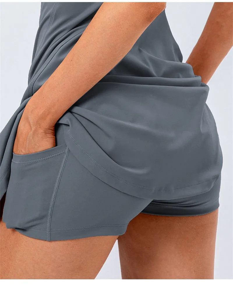 Nylon Mix Quick Dry Yoga Golf Fitness Badminton 2 Piece Set Skirt And Shorts Sportswear Tennis Dress