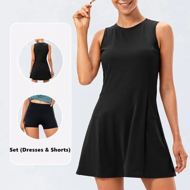 Nylon Mix Quick Dry Yoga Golf Fitness Badminton 2 Piece Set Skirt And Shorts Sportswear Tennis Dress