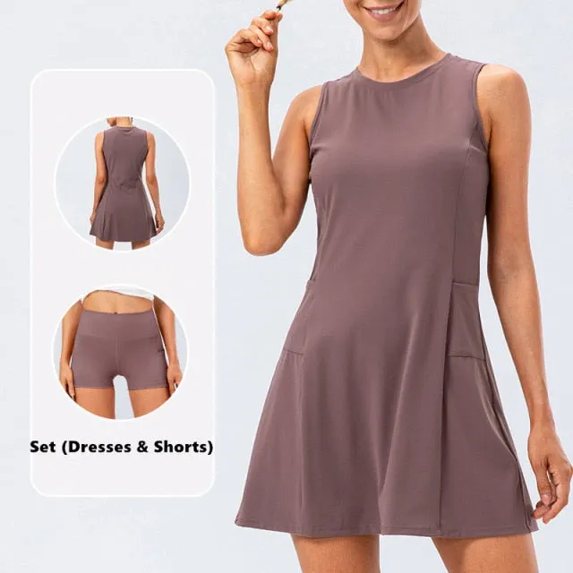 Nylon Mix Quick Dry Yoga Golf Fitness Badminton 2 Piece Set Skirt And Shorts Sportswear Tennis Dress