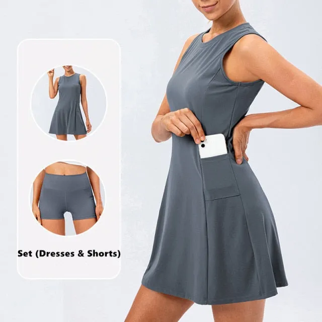 Nylon Mix Quick Dry Yoga Golf Fitness Badminton 2 Piece Set Skirt And Shorts Sportswear Tennis Dress