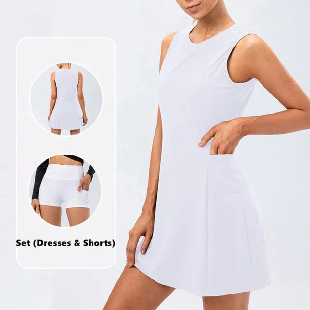Nylon Mix Quick Dry Yoga Golf Fitness Badminton 2 Piece Set Skirt And Shorts Sportswear Tennis Dress