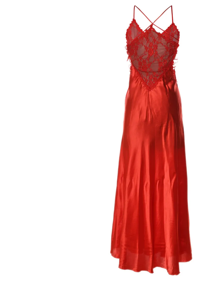 Red Silky Criss-Cross Back Lace Nightdress - S