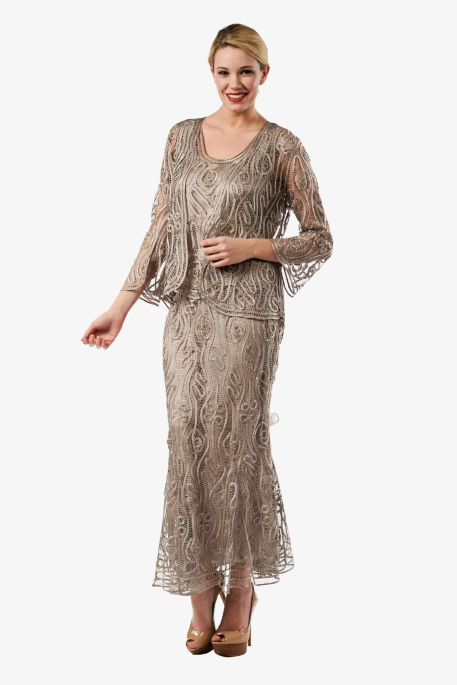 Soulmates C1079 Wave Crocheted Lace Mother of the Bride Jacket Top and Skirt Set